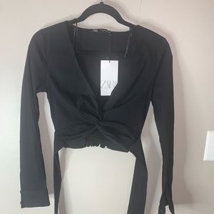 NWT ZARA black long sleeve crop top tie back size xs